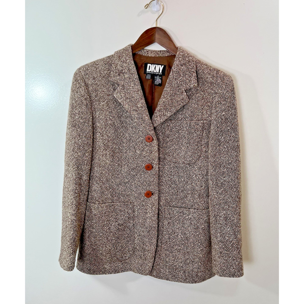 DKNY Women’s Wool Tweed Blazer Size M 8‎ Brown Timeless Office Preppy Old Money